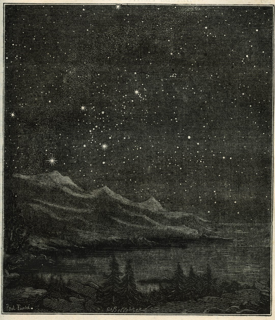 Een sterrennacht perfect om de hemel te observeren. Gravure uit Camille Flammarion