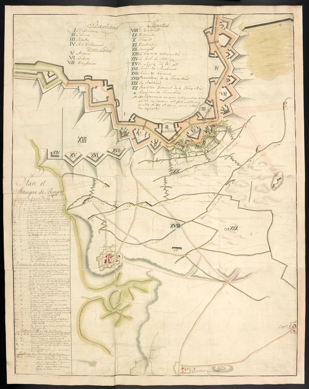 Een getinte plattegrond van de belegeringswerken. Dagboek van het beleg van Bergen op Zoom, door de Fransen, in 1747; voorafgegaan door een verslag van de staat van de Franse artillerie in die tijd. door Unbekannter Künstler