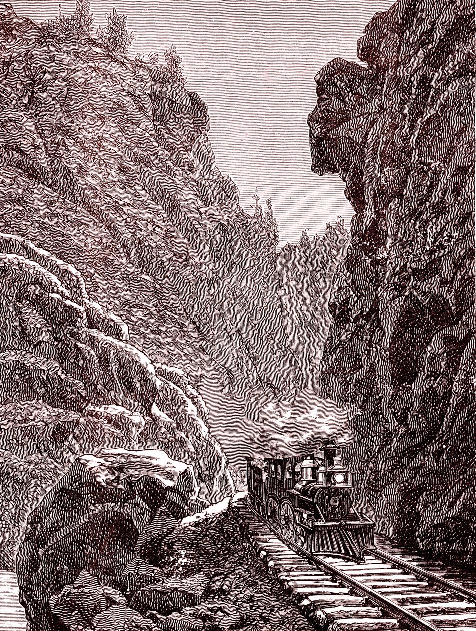 Een trein die de Colorado-bergen doorkruist. V.S.A. in 1886 (gravure) door Unbekannter Künstler