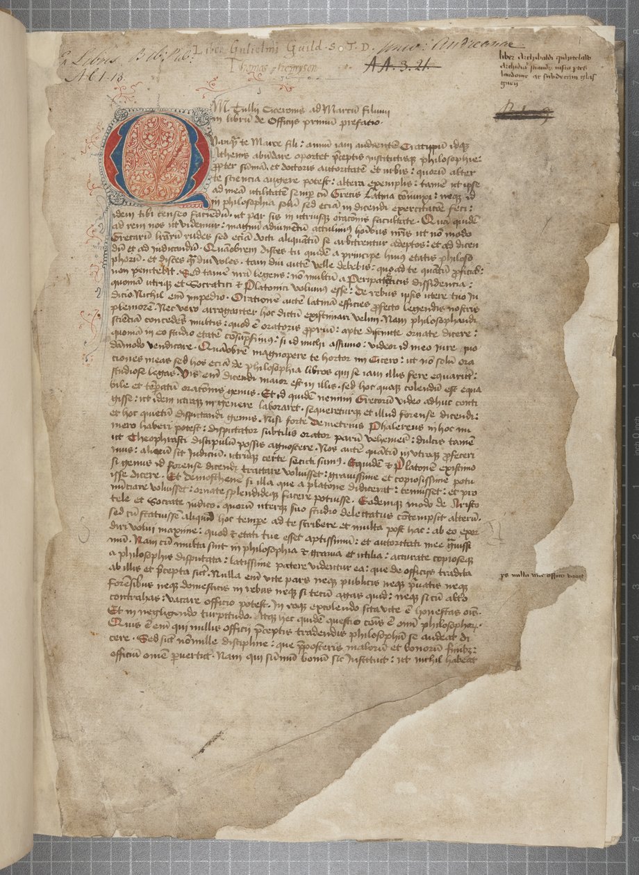 Een transcriptie, in drie handen, van de filosofische werken van Marcus Tullius Cicero, schijnbaar genomen uit de editio romana van 1471, met marginalia in de hand van Archibald Whitelaw en anderen, ca. 1480 door Unbekannt