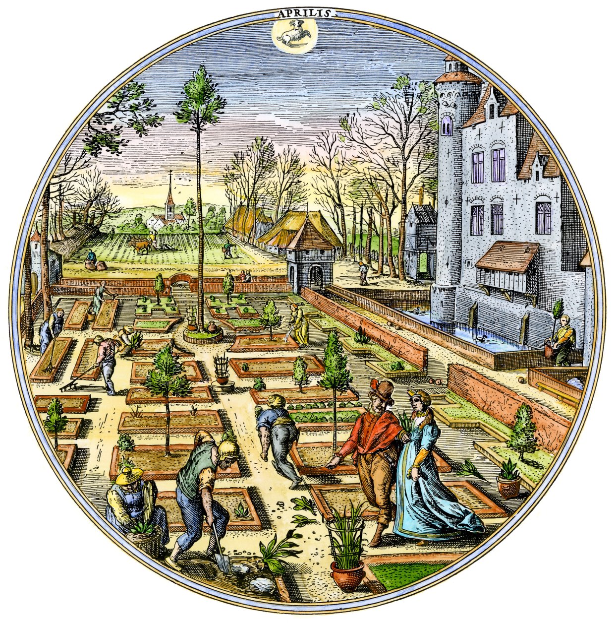 Landbouw: Tuinieren in een Europese groentetuin aan het begin van de lente rond 1590. Kleurgravure uit de 16e eeuw door Unbekannter Künstler