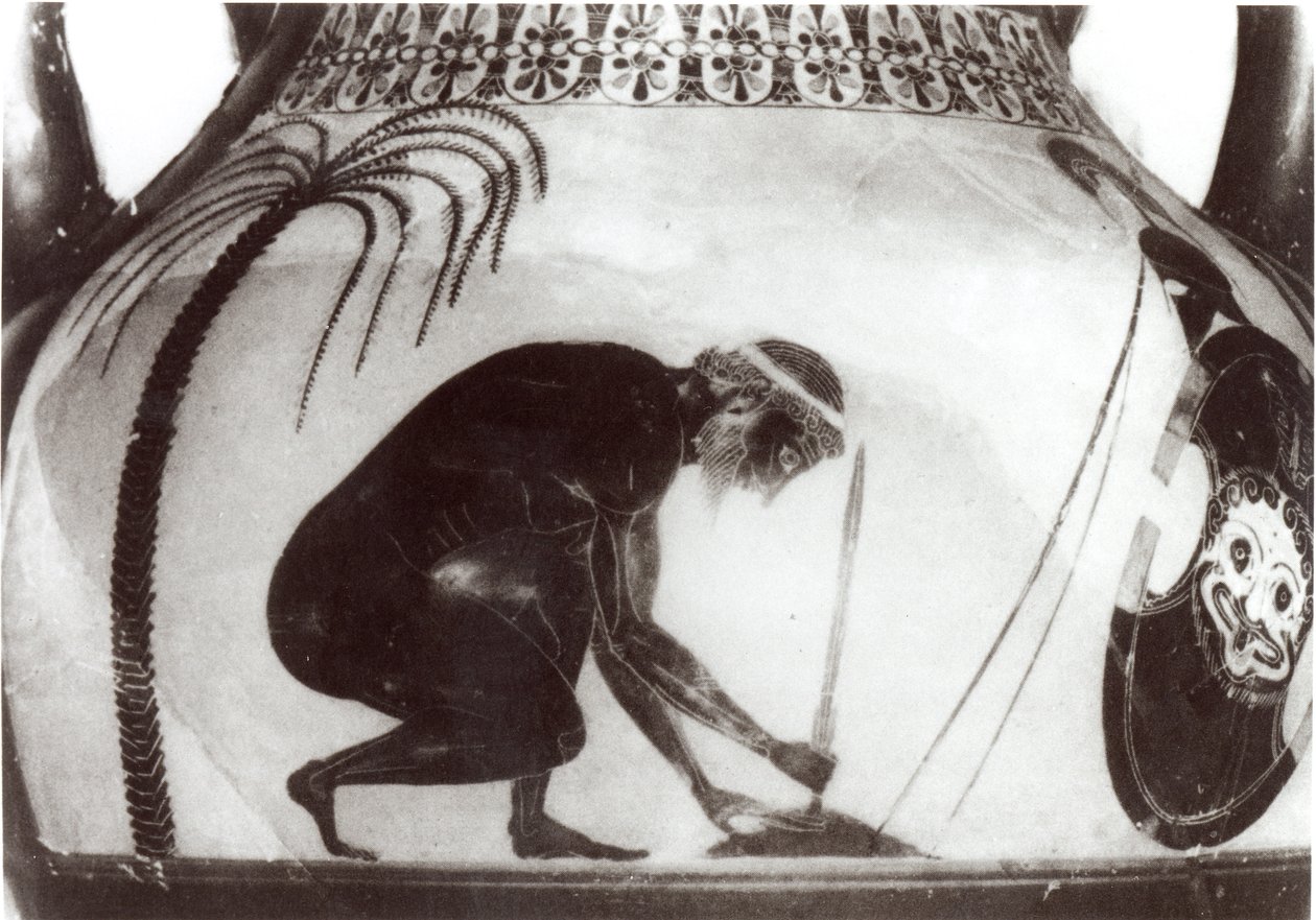 Ajax bereidt zich voor op zijn dood, illustratie naar een Griekse krater vaas uit de 6e eeuw v.Chr. (gravure) (zw/w foto) door Unbekannt