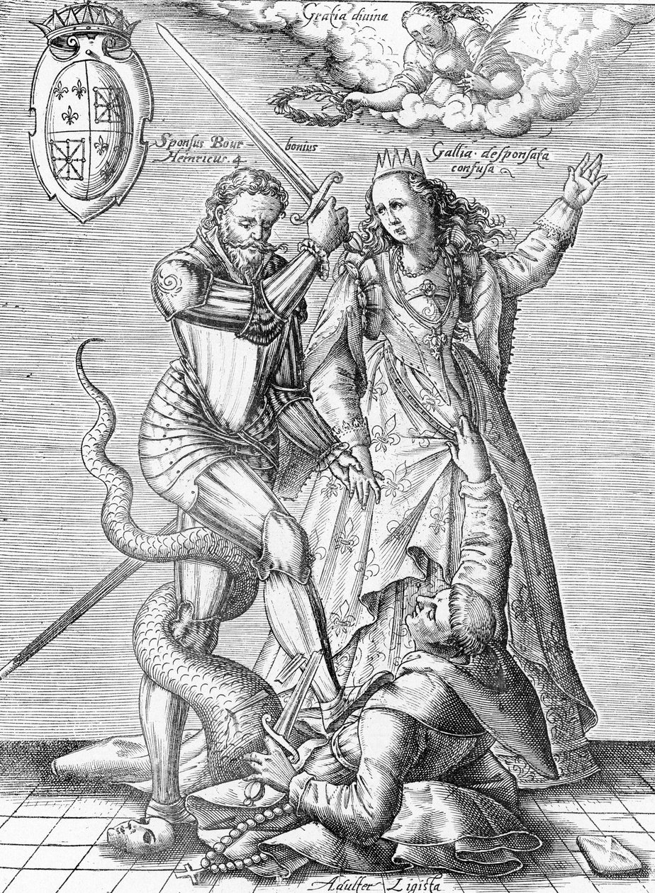 Allegorie van de dood van de Katholieke Liga voorgesteld als een monnik met het lichaam van een slang gedood door koning van Frankrijk Hendrik IV en Frankrijk. Eind 19e eeuw (gravure uit "Museum-Criminal" door Henri Varennes en Edgar Troimaux) door Unbekannter Künstler