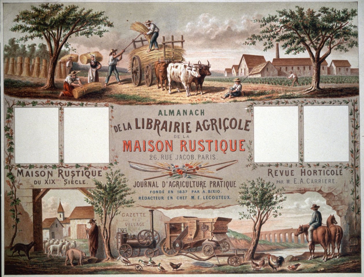Almanak die traditionele en moderne landbouwmethoden illustreert, ca. 1870-80 (kleur litho) door Unbekannter Künstler
