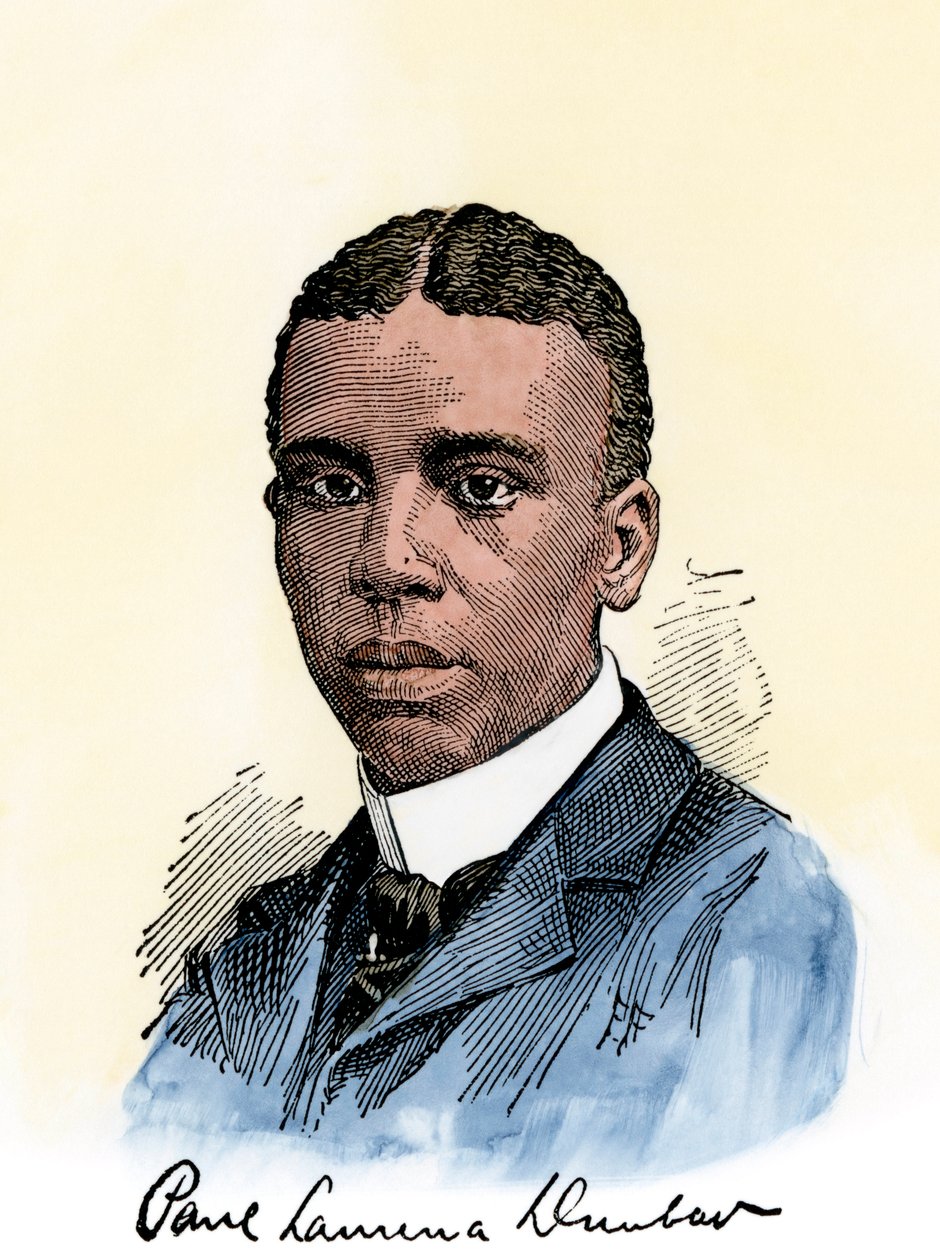 Amerikaanse dichter Paul Lawrence Dunbar (1872-1906), met zijn handtekening. Handgekleurde houtsnede van een 19e-eeuwse illustratie door Unbekannter Künstler