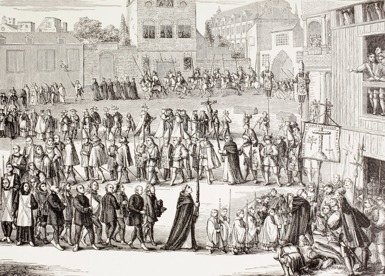 Een Auto-da-fe, of Act van Geloof, processie in Spanje, naar een 15e-eeuwse gravure, uit 