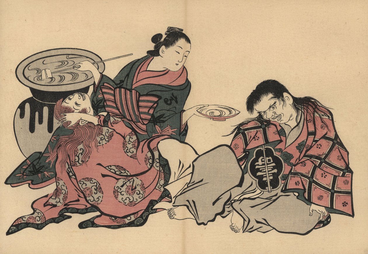 Een oiran courtisane speelt twee shojo met sake uit een enorme vaas. Houtsnede door Masanobu Okumura (1686-1764) uit Fuzoku Emakimono, Beeldrol van de Waterhandel, Tokio, herdruk circa 1880. door Unbekannter Künstler