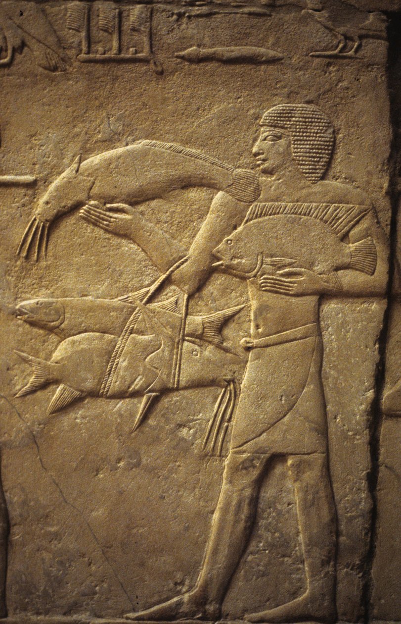Oud Egypte: Saqqarah (of Saqqara of Sakkarah): necropolis van het Oude Rijk, graf van edele. Detail van reliëfs die een visser voorstellen door Leopold Blonder