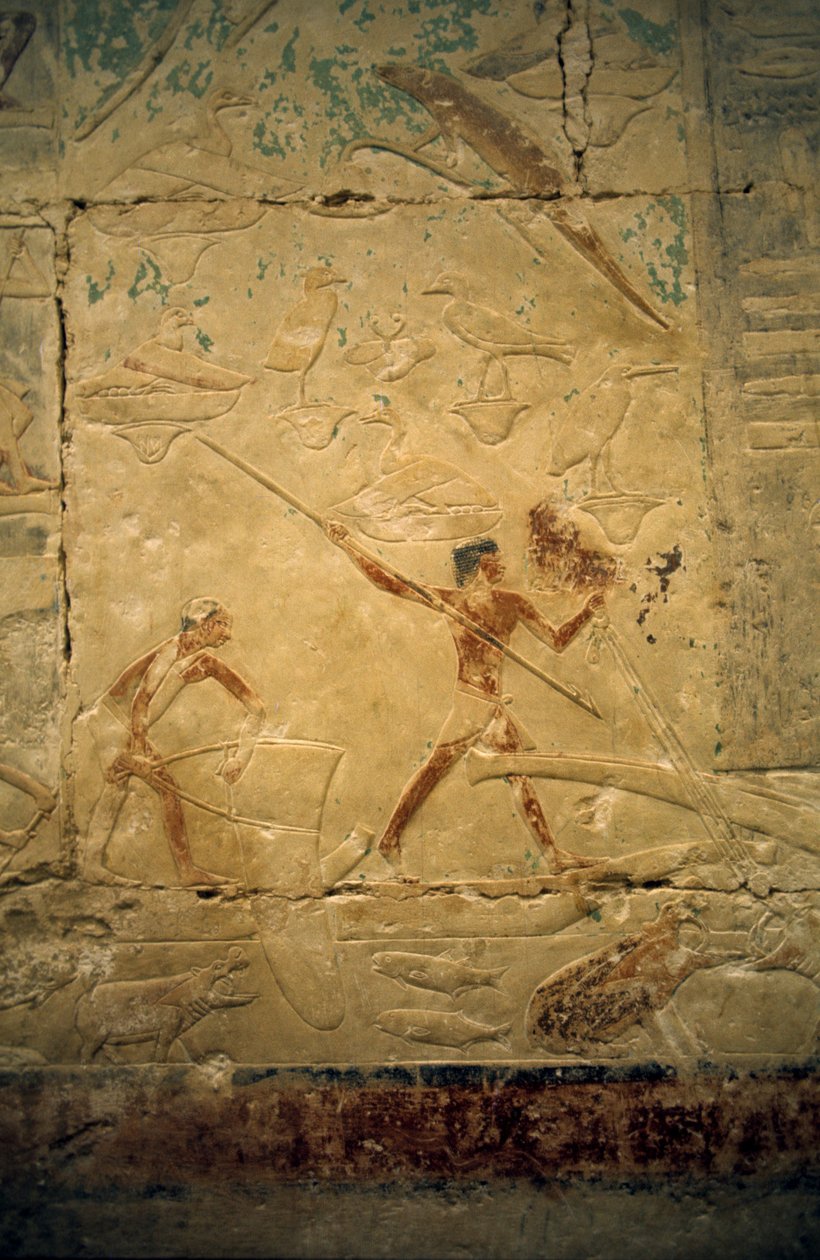 Oud Egypte: Saqqarah (of Saqqara of Sakkarah): necropolis van het Oude Rijk, graf van edele. Detail van de reliëfs die een visscène voorstellen door Leopold Blonder