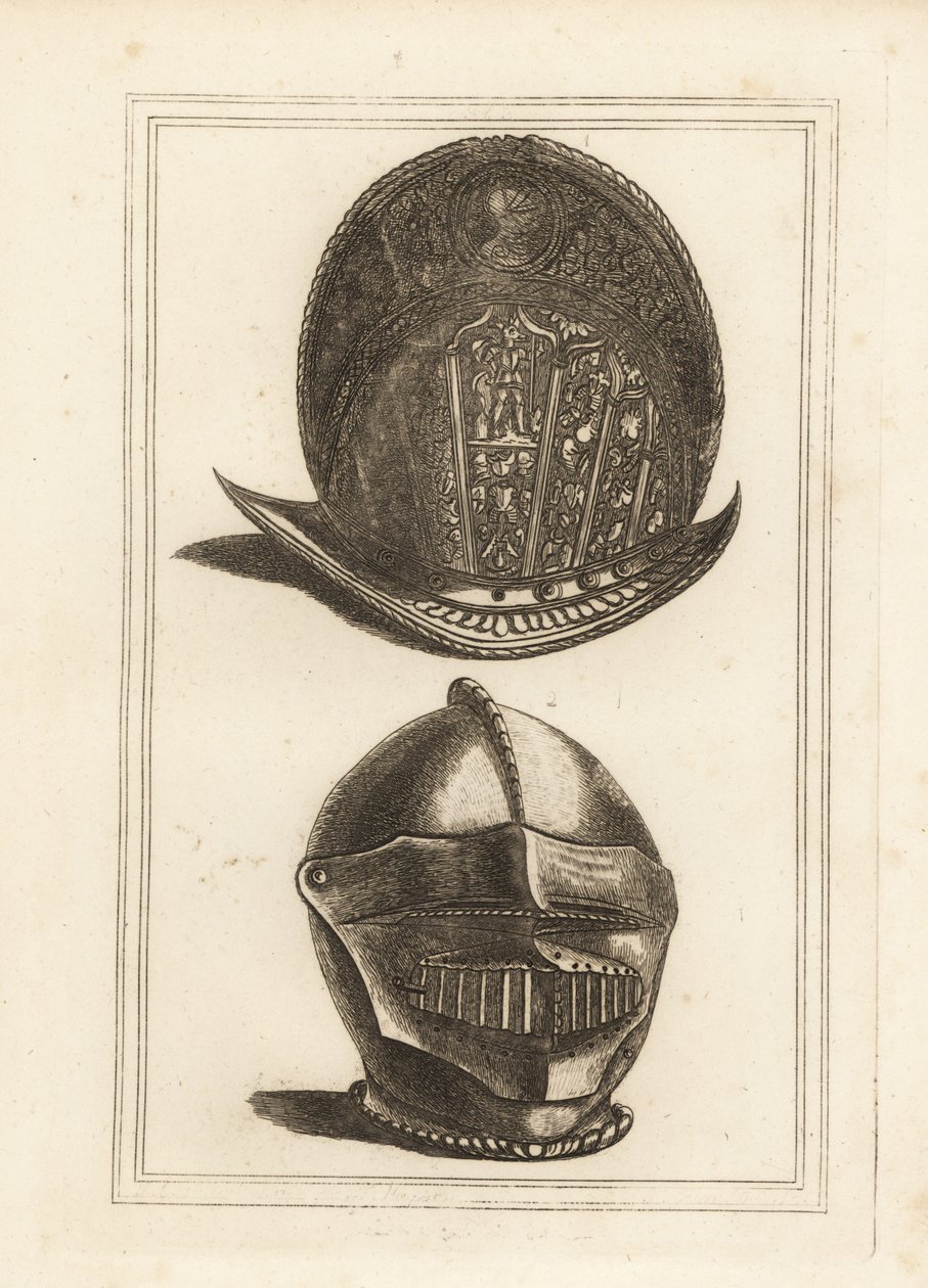 Oude Venetiaanse morionhelm versierd met militaire trofeeën, en een burgonethelm met geïntegreerd vizier en kinbeschermer uit de Tower of London door Unbekannt