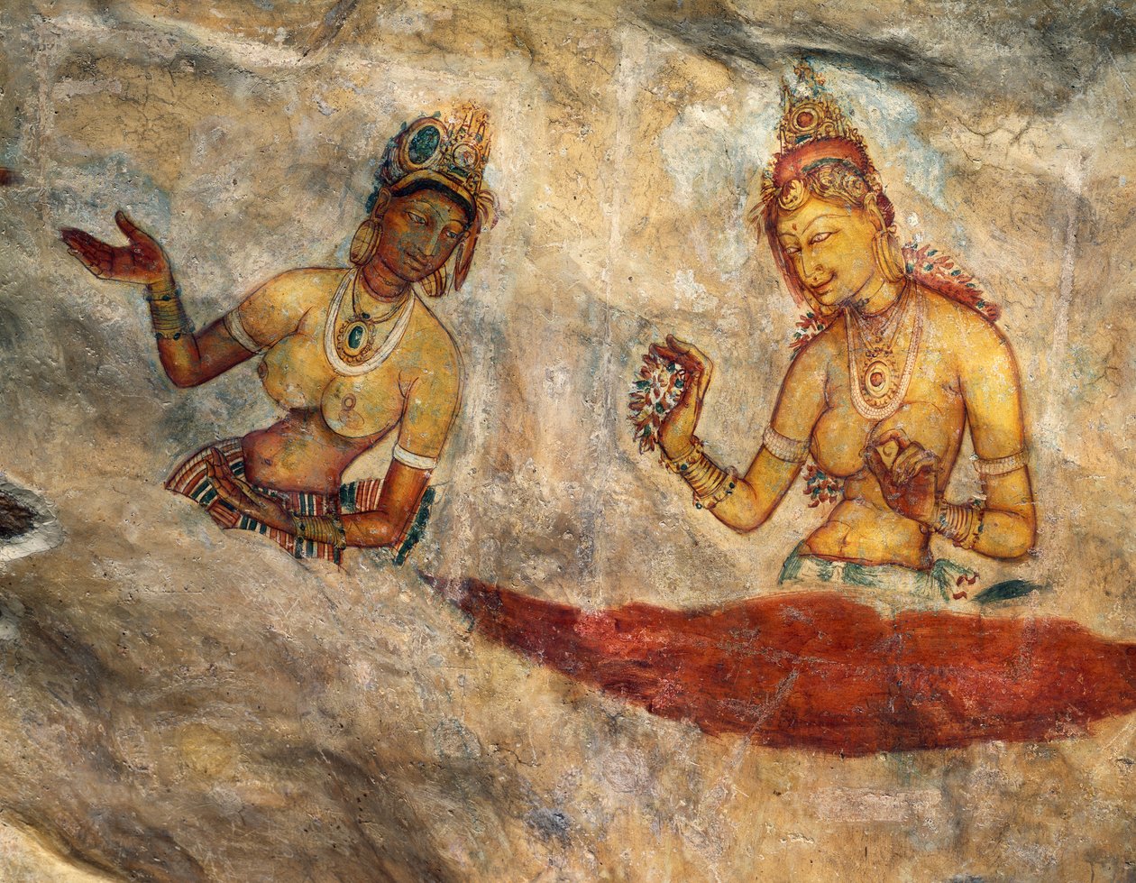 Apsaras, hemelse nimfen die bloemen aanbieden, fresco, versterkte citadel van Sigiriya (UNESCO Werelderfgoedlijst) door 