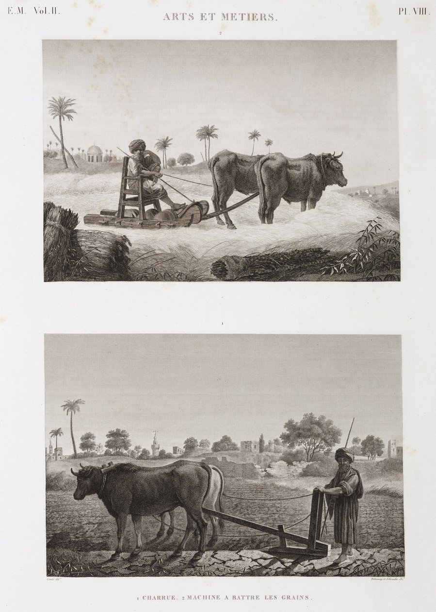 Akkerbouw, ploegen, dorsmachine en ploeg, Egypte, ca. 1798 door Unbekannt