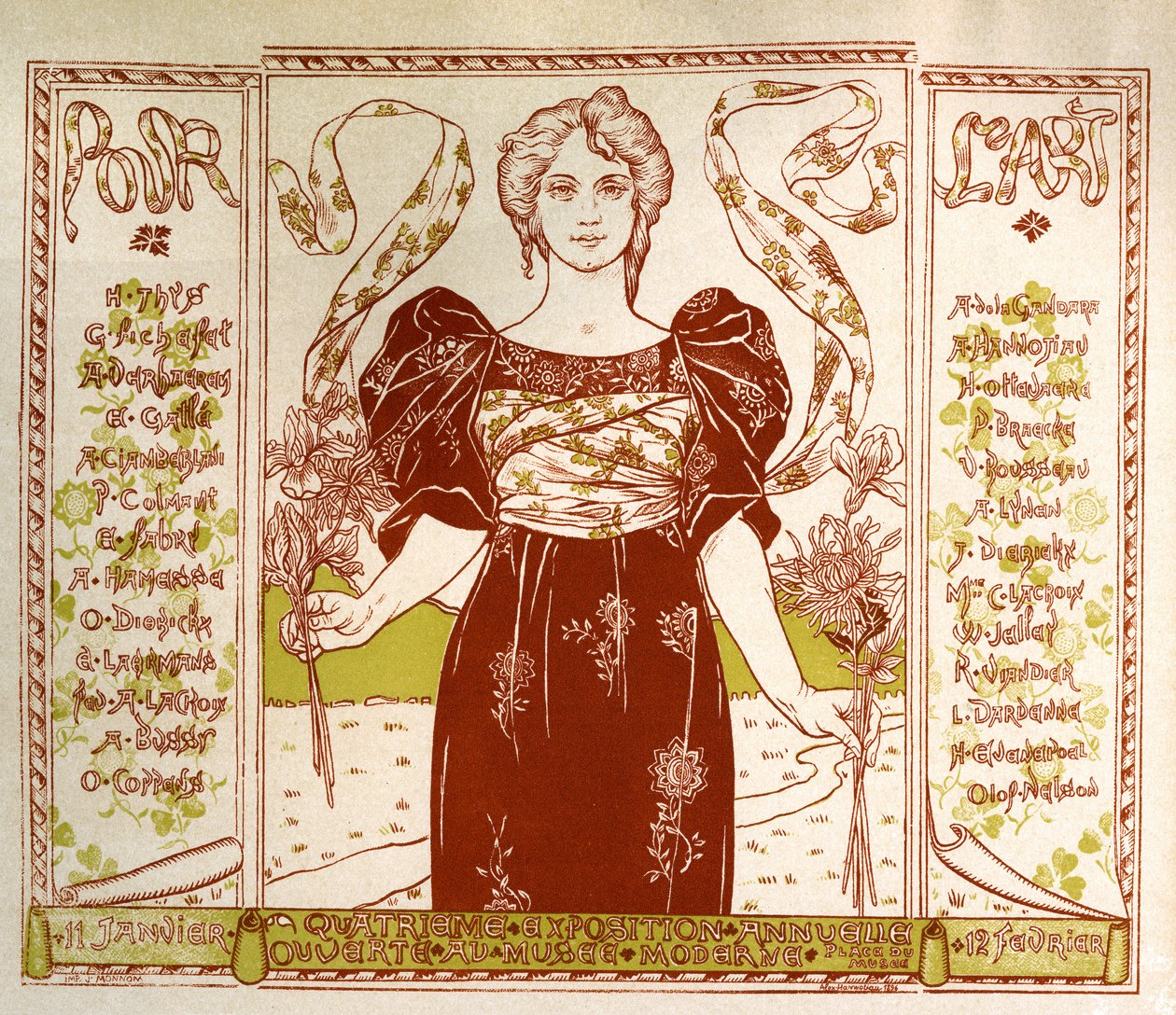 Kunst. Schone Kunsten. Voor Kunst. Art Nouveau tentoonstelling in het Musee Moderne, Brussel. Poster door Alexandre Hannotiau, België door Unbekannter Künstler