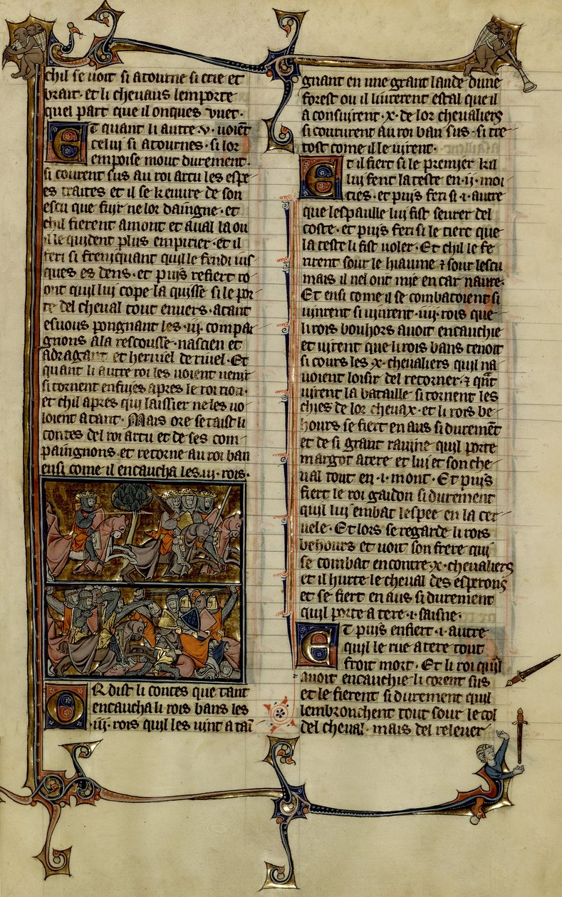 Arthurlegende (zoektocht naar de Heilige Graal): Benoic achtervolgt de Saksen en de slag bij Danablaise, twee illustraties uit het manuscript Geschiedenis van Merlijn, daterend uit de 13e eeuw tussen 1280-1290 door Unbekannter Künstler