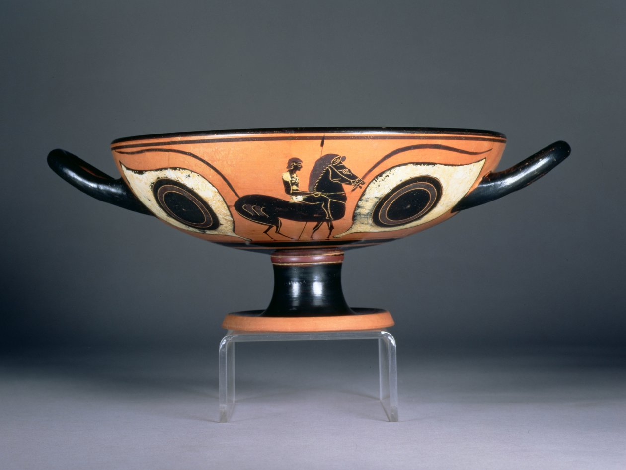 Attische zwartfigurige oogbeker, met toegevoegde rode en witte decoratie die een paard en ruiter afbeeldt, 480-450 v.Chr. (aardewerk) door Unbekannt