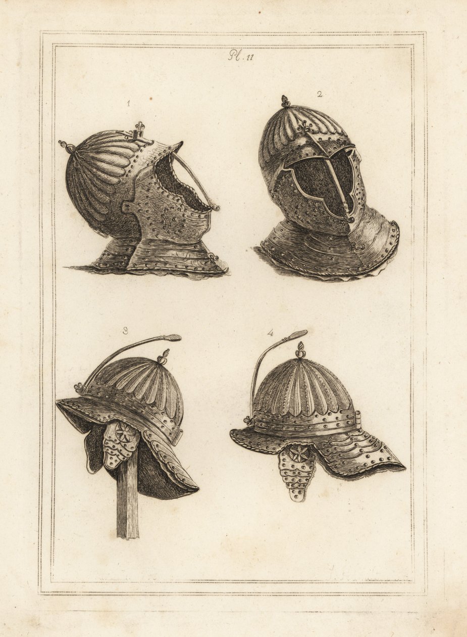 Barhelm 1,2, en de helm van de Hertog van Monmouth met een veer om een pluim te ondersteunen door Unbekannt