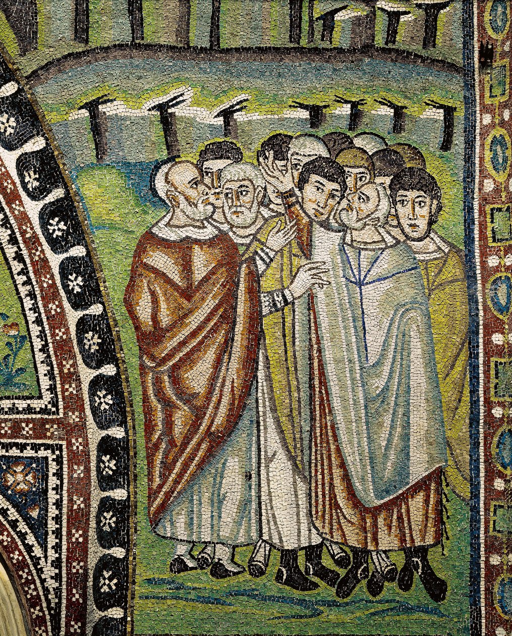 Basiliek van San Vitale, detail van lunetmozaïeken boven de ingang van de wandelgang die Aaron en de leiders van de twaalf stammen van Israël vertegenwoordigen, Ravenna, Emilia-Romagna, Italië door William M. Timlin