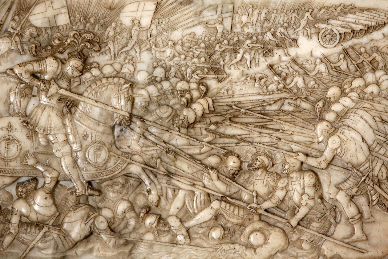 Basiliek van St. Denis, graf van Frans I koning van Frankrijk en Claude van Frankrijk, reliëf, afbeelding van de slag bij Marignano in 1515 door Unbekannt