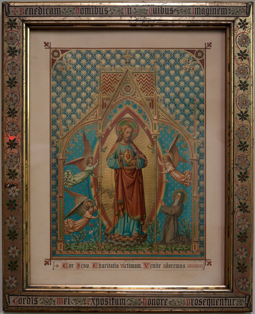 Bevere. Parochiekerk (Sint-Pietersbanden). Interieur. Devotie gekleurde prent. S Lucas school Gent, Eigendom 1875, W Z Dreyt Brugge. Neogotisch. door Unbekannt