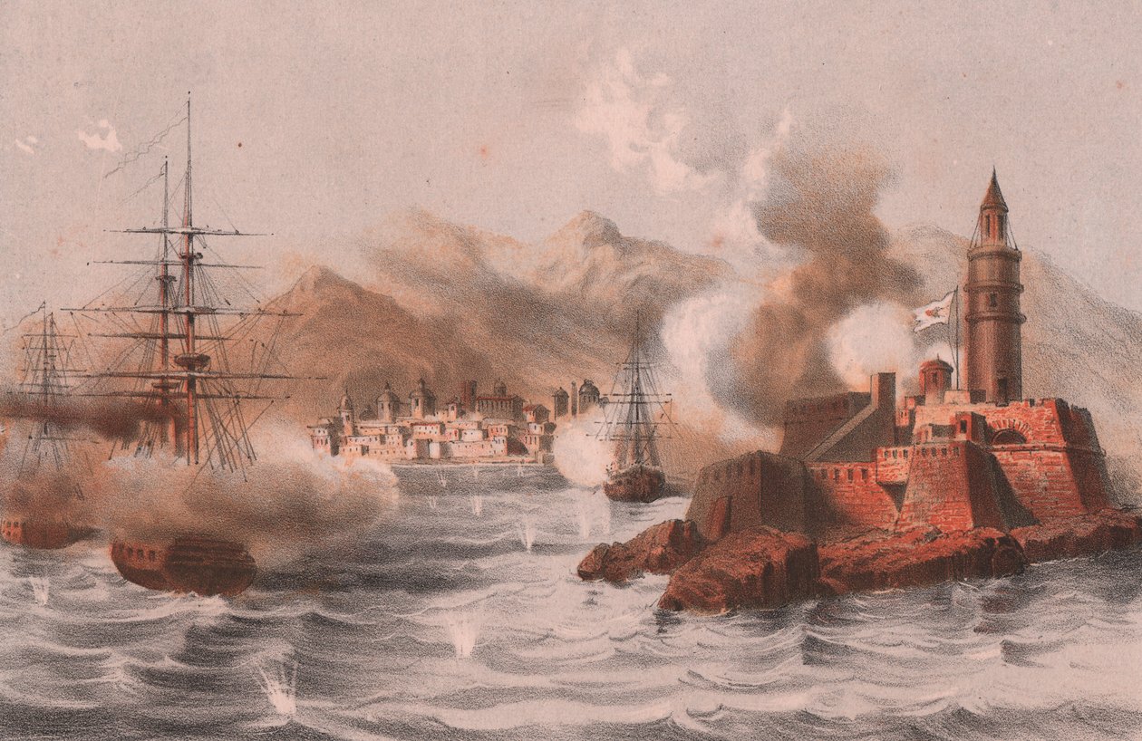 Bombardement van Palermo, met schepen op de voorgrond, Sicilië door William M. Timlin