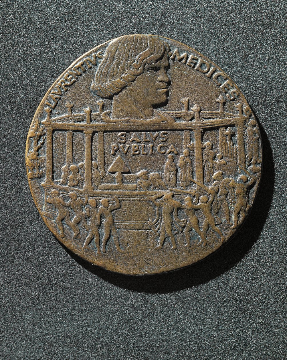 Bronzen medaille geslagen ter nagedachtenis aan Giuliano de Medici door Benjamin Baud
