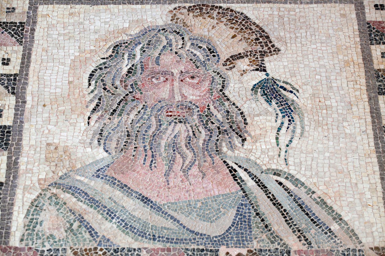 Buste van de Winter - Detail van het Vier Seizoenen paneel - Paphos mozaïeken, Huis van Dionysos - Eind van de 2e eeuw na Christus - Cyprus - Personificatie van de Winter - Detail van het mozaïek van de vier seizoenen - Mozaïeken van Paphos, Huis van Diony door Unbekannt
