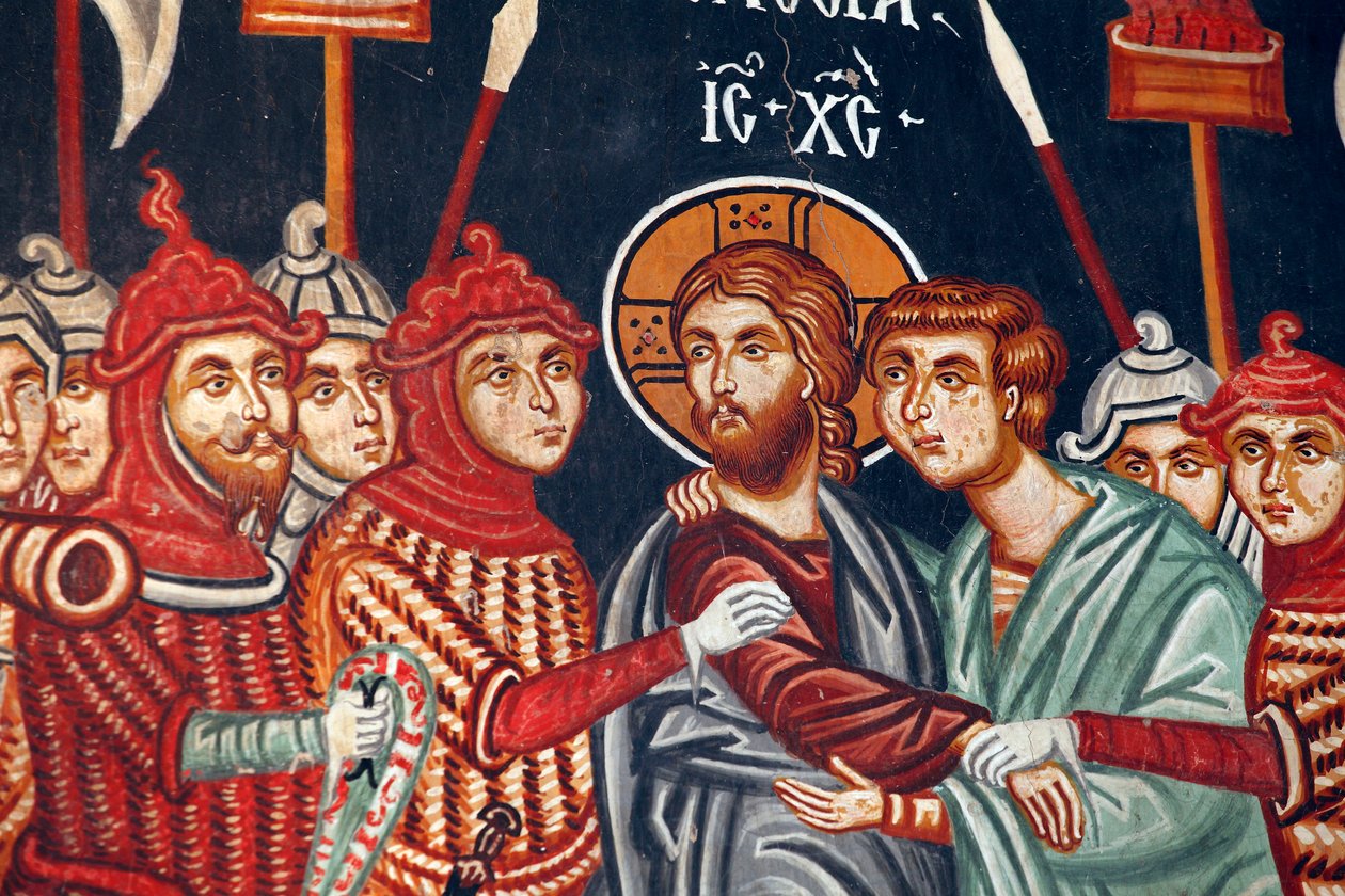 Byzantijnse fresco uit de 15e eeuw Judas Verraad en de arrestatie van Jezus Michael Aartsengel Kerk in Pedoulas Cyprus Geschilderde kerken UNESCO site Troodos, Cyprus door Unbekannt
