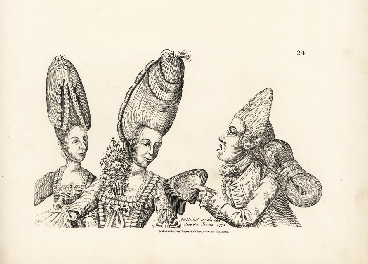 Karikatuur van de mode van de late 18e eeuw: vrouwen met hoge pruiken en een tuin van bloemen in haar boezem, en macaroni met een hoge pruik en een extravagante massa haar vastgebonden aan de achterkant. Gravure naar een satirische illustratie van Timothy  door Unbekannter Künstler