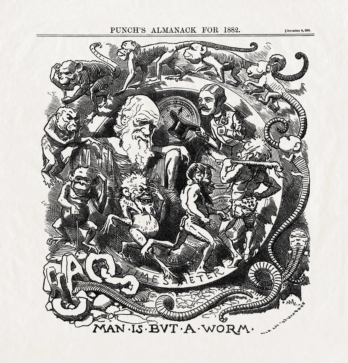 Cartoon over de evolutietheorie van Charles Darwin: "Man is but a worm" uit "Punch", 06/12/1881 door Unbekannter Künstler
