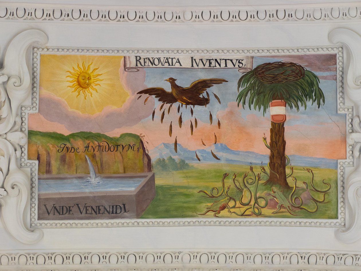 Plafondfresco in het gangpad van de Sint-Catharinakerk, allegorische voorstellingen van de overwinningen van keizer Leopold I op de Ottomanen, Mausoleum van de Habsburgers, Graz, Stiermarken, Oostenrijk door Unbekannter Künstler