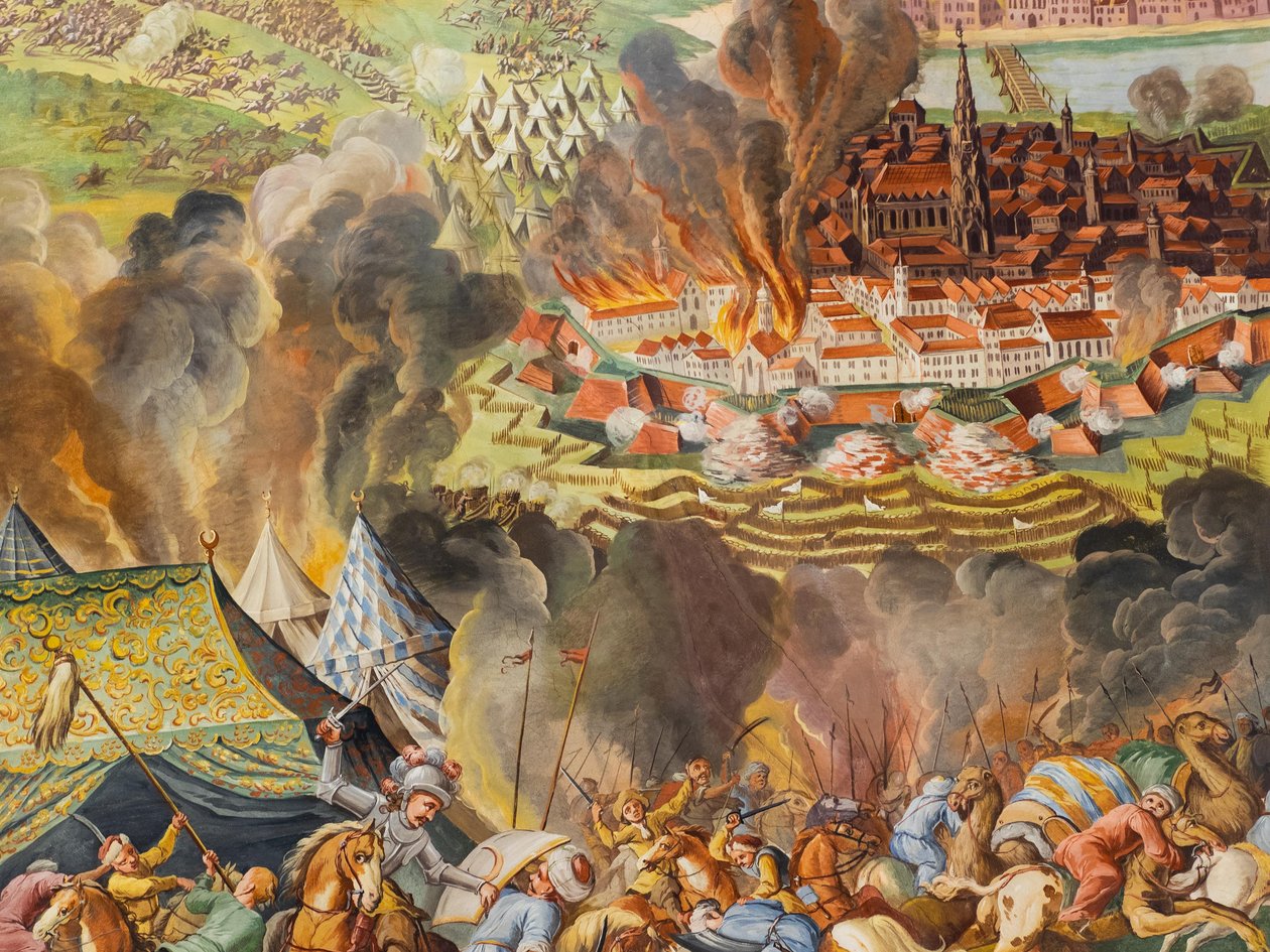Plafondfresco in de zijbeuk van de Sint-Catharinakerk, Ontmanteling van Wenen in 1683, Mausoleum van de Habsburgers, Graz, Stiermarken, Oostenrijk, Europa door Unbekannter Künstler