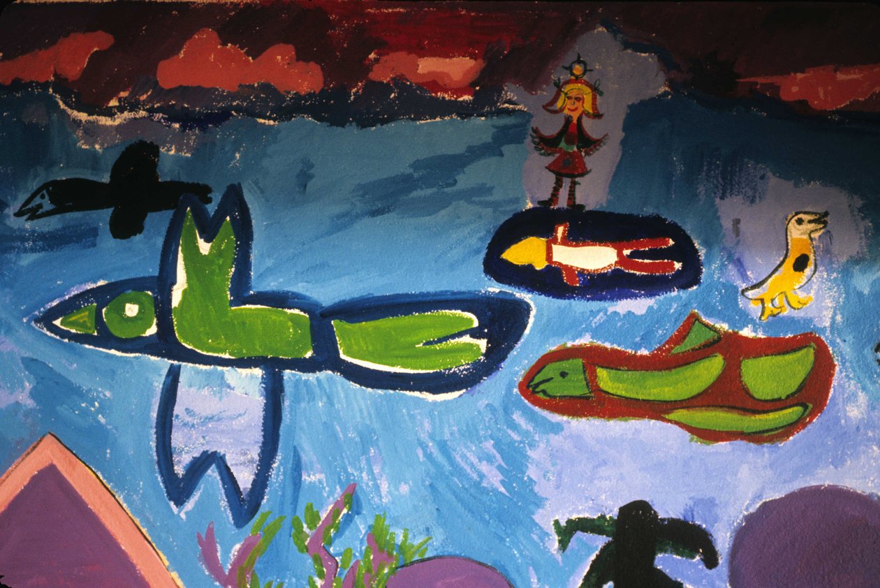 Kindertekening die vogels, vissen, dieren en personages uitbeeldt, school van de Cross Rousse, Saint Brieuc (Saint Brieuc). door Unbekannt