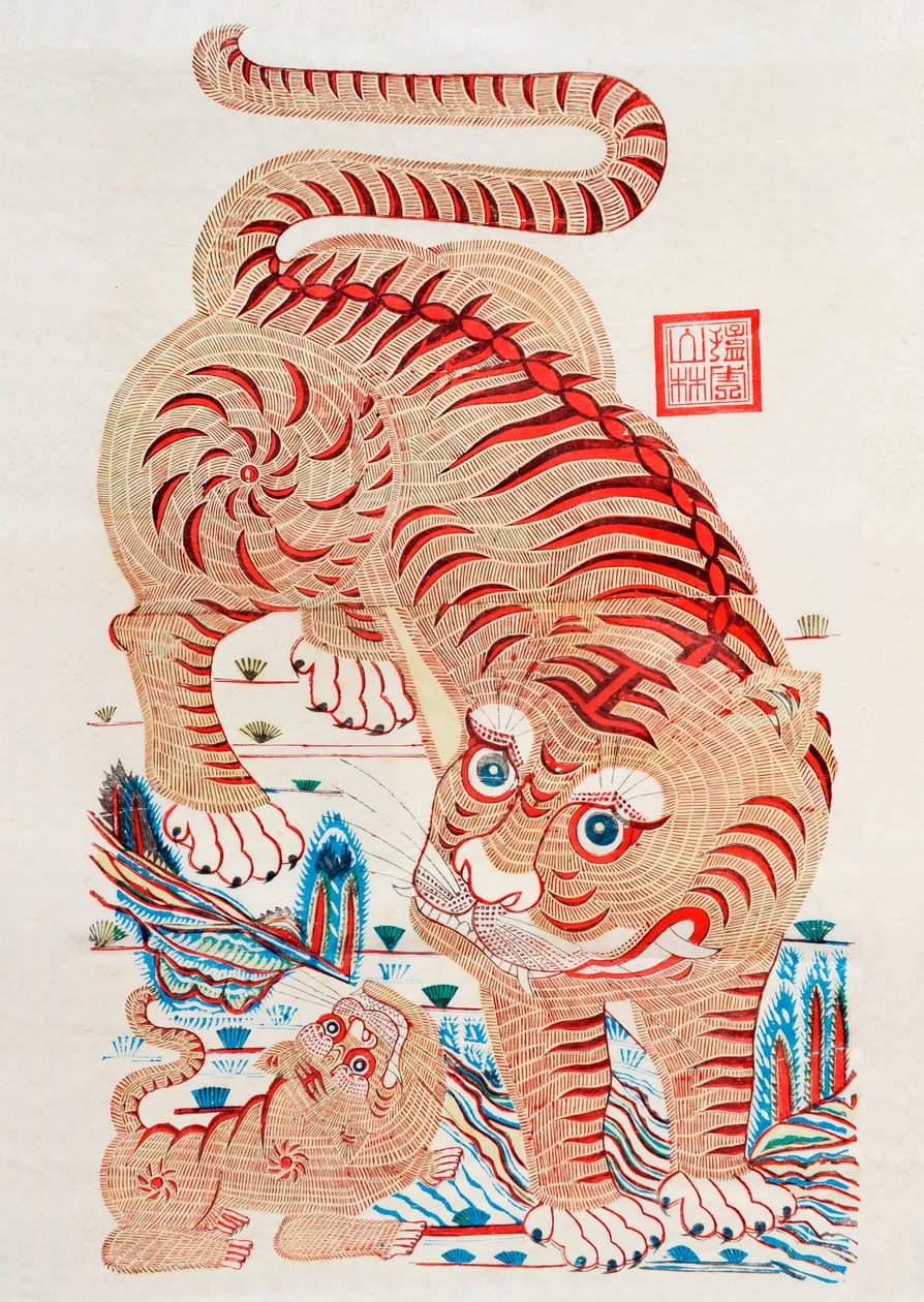 Chinese houtsnede van een tijger (kleur houtsnede) door Unbekannt
