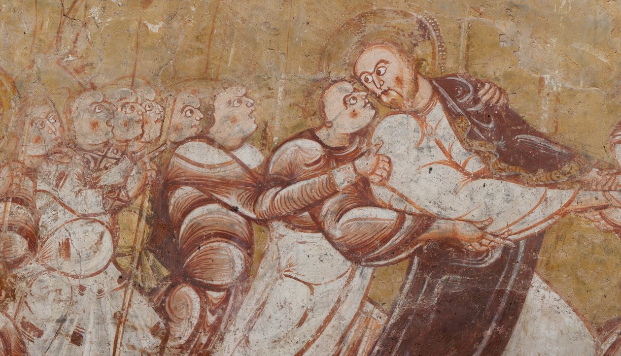 Kerk (Église Saint-Martin). Interieur. Muurschilderingen (fresco). Noordmuur van het koor. Detail. Arrestatie van Christus. 12e eeuw. door Unbekannt