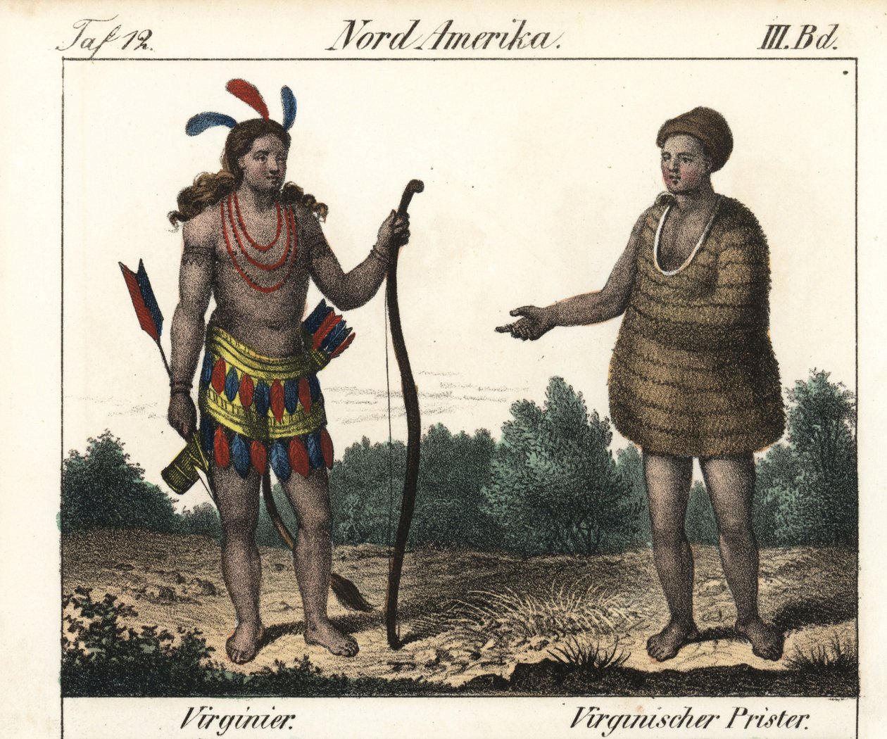 Kostuum van Powhatan Indianen van Virginia (VS): een krijger en een priester van Secota. Lithografie voor het boek: “Galerie complete en tableaux fideles des peuples d