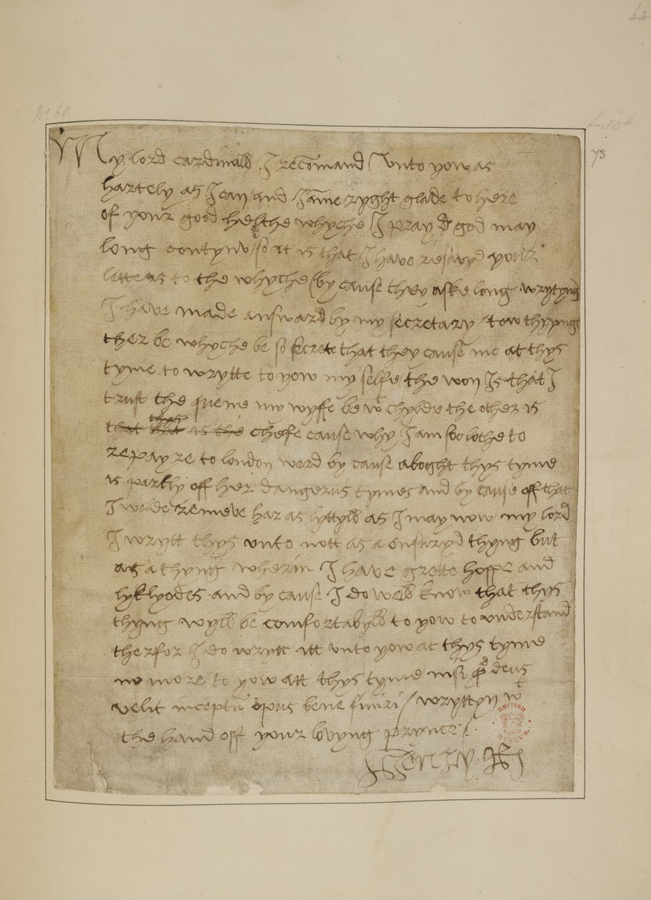 Cotton MS Vespasian F iii fol.73 Brief van Hendrik VIII aan Thomas Wolsey, juni 1518 door Unbekannter Künstler
