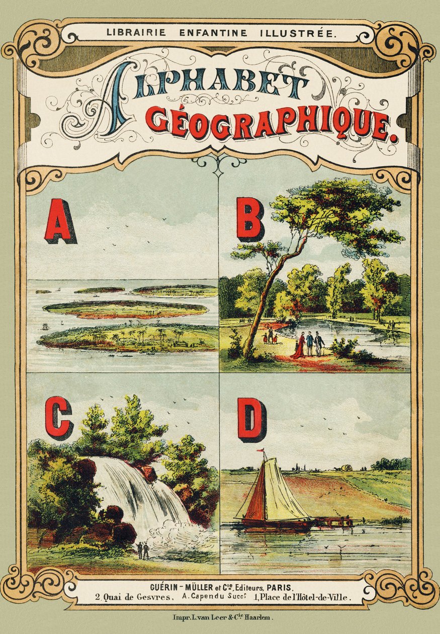 Omslag - A - Archipel, B - Bois de Boulogne, C - Waterval, D - Dijk - Gravure uit Alphabet geographique, Guerin-Muller et Cie, Parijs door Unbekannt