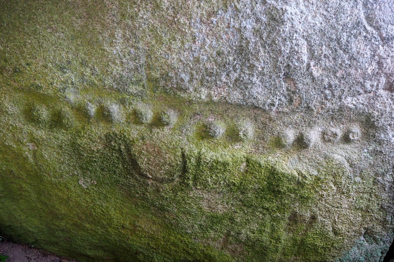 Overdekte Alle van Kerguntuil, Interieur van de Dolmen, detail (circa 2000 v.Chr., Tregastel, Côtes-d