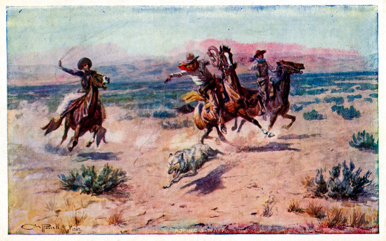 Cowboys te paard vangen een wolf met een lasso door Unbekannter Künstler