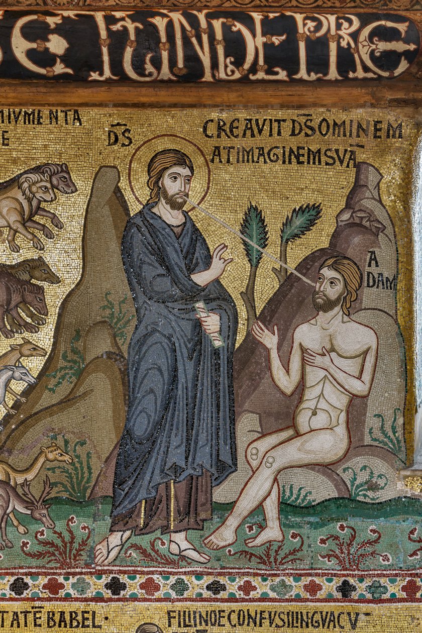 Cyclus van mozaïeken over het Oude Testament, cyclus van de Schepping: "De Schepping van Adam", XII eeuw, De Palatijnse Kapel, Het Koninklijk Paleis of Palazzo dei Normanni (Paleis van de Normandiërs), Palermo, Sicilië, Italië door Unbekannter Künstler