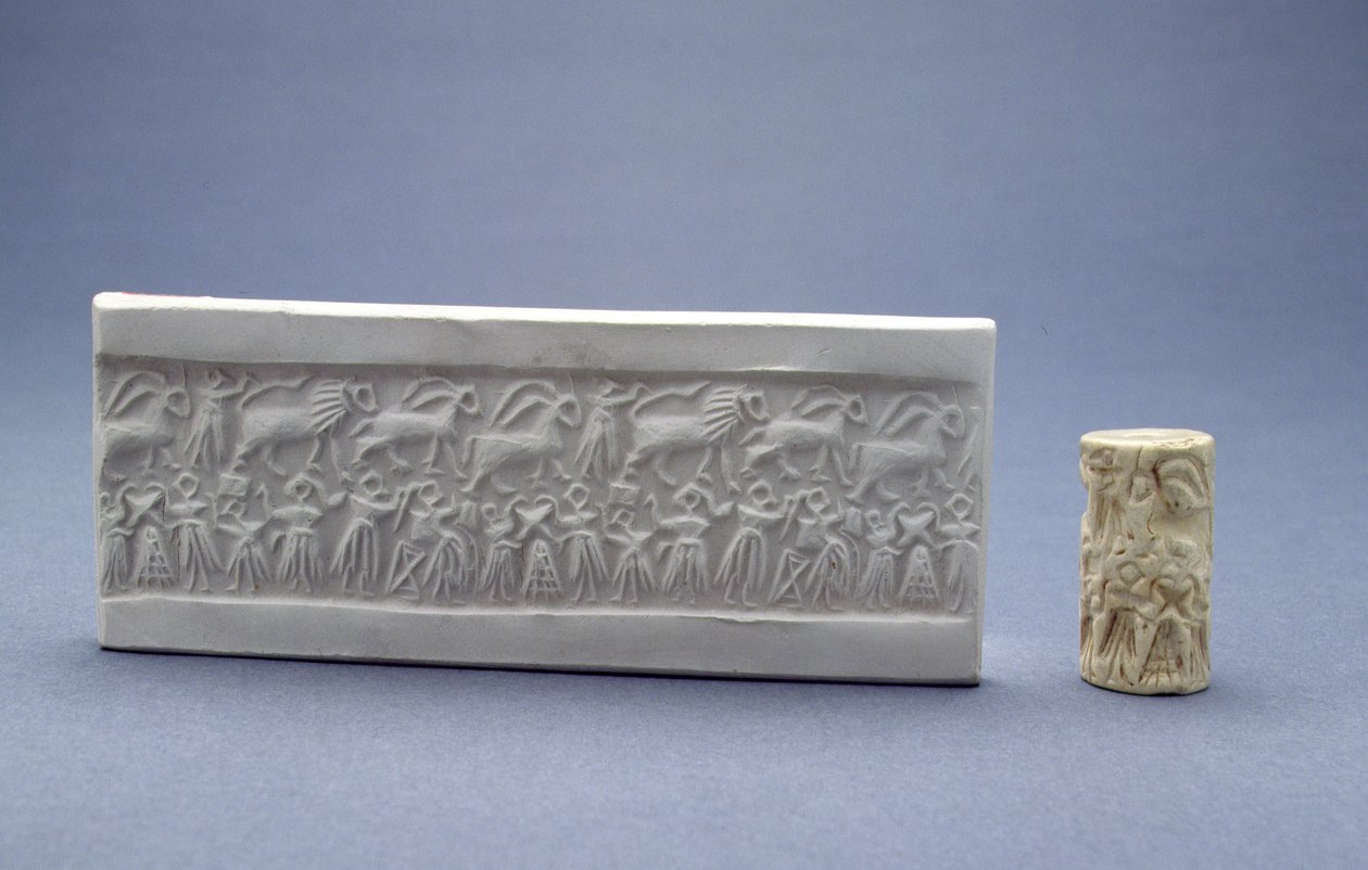 Cilinderzegel, getoond met gipsafdruk, Mesopotamisch, Sumerisch (Vroeg-Dynastiek III), ca. 2500 v.Chr. (steen) door Unbekannt