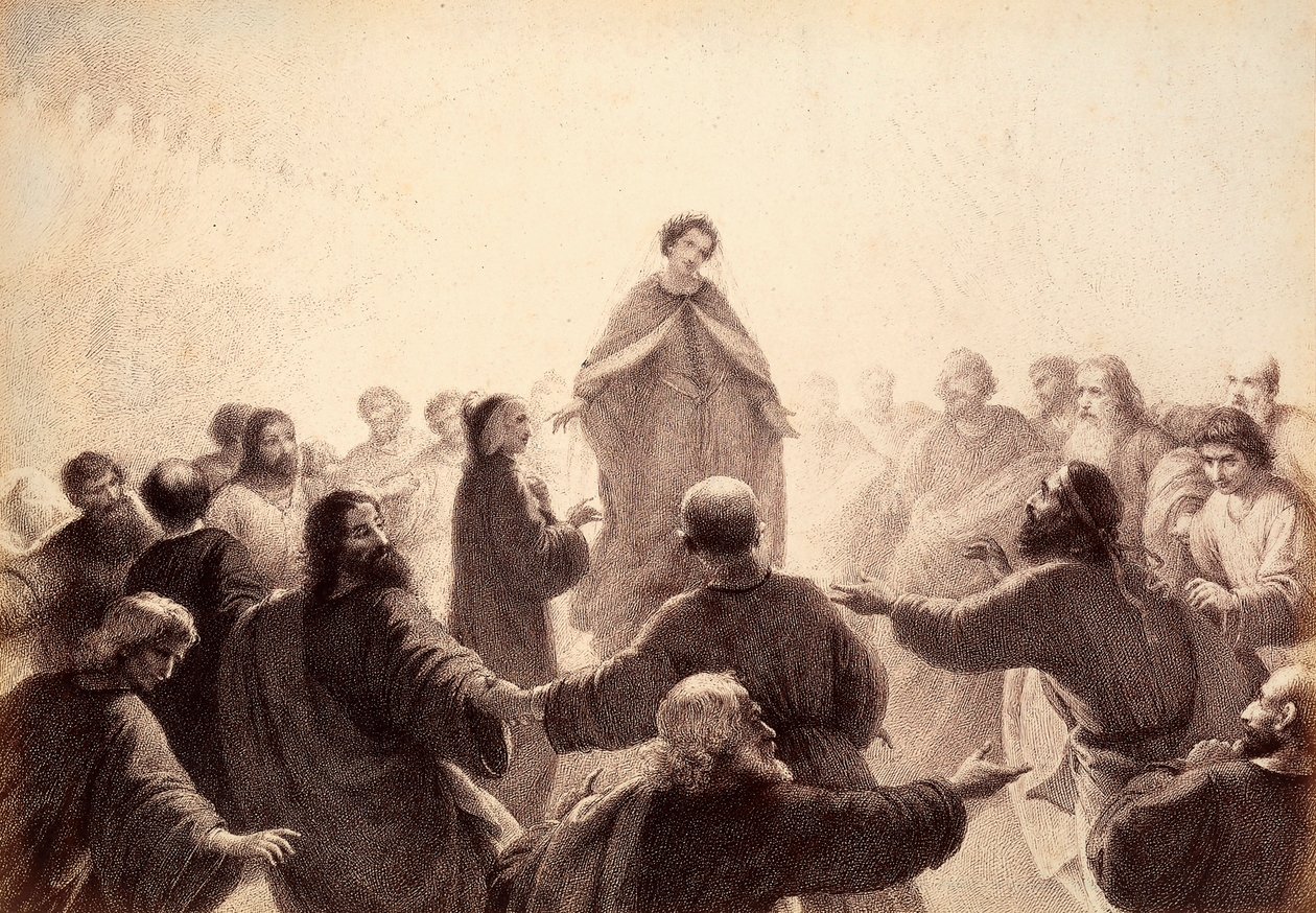 Dante en Beatrice worden omcirkeld door de geesten van de Wijzen die om hen heen zingen en dansen. Illustratie van Canto XIV van Paradiso van De Goddelijke Komedie van Dante Alighieri. Werk van Francesco Scaramuzza opgedragen aan de gemeente Florence door Unbekannter Künstler
