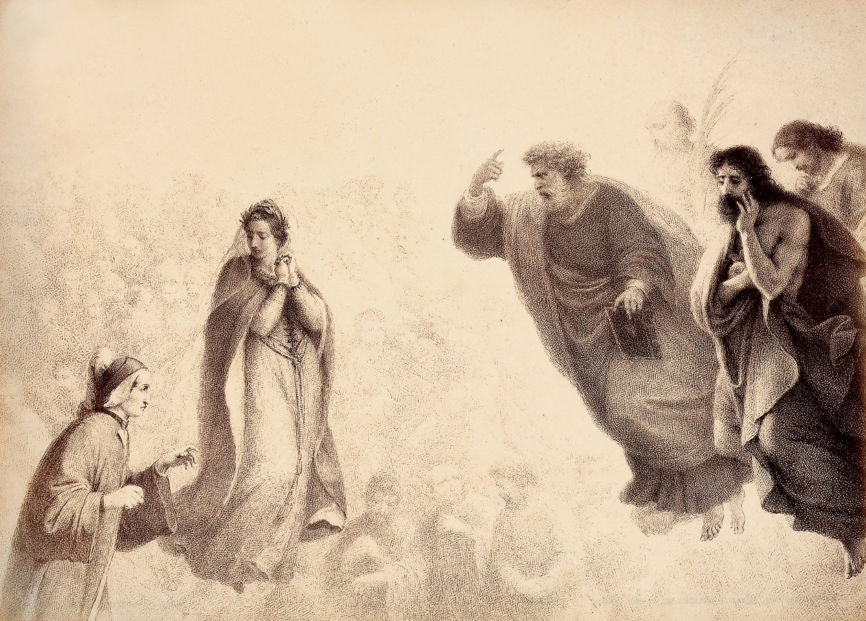 Dante en Beatrice voor de heldere geesten van de apostelen Petrus, Jacobus en Johannes. Petrus heeft zijn arm opgeheven in een teken van woede. Illustratie van Canto XXVII in Paradiso van De Goddelijke Komedie door Dante Alighieri. Werk van Francesco Scara door Unbekannter Künstler