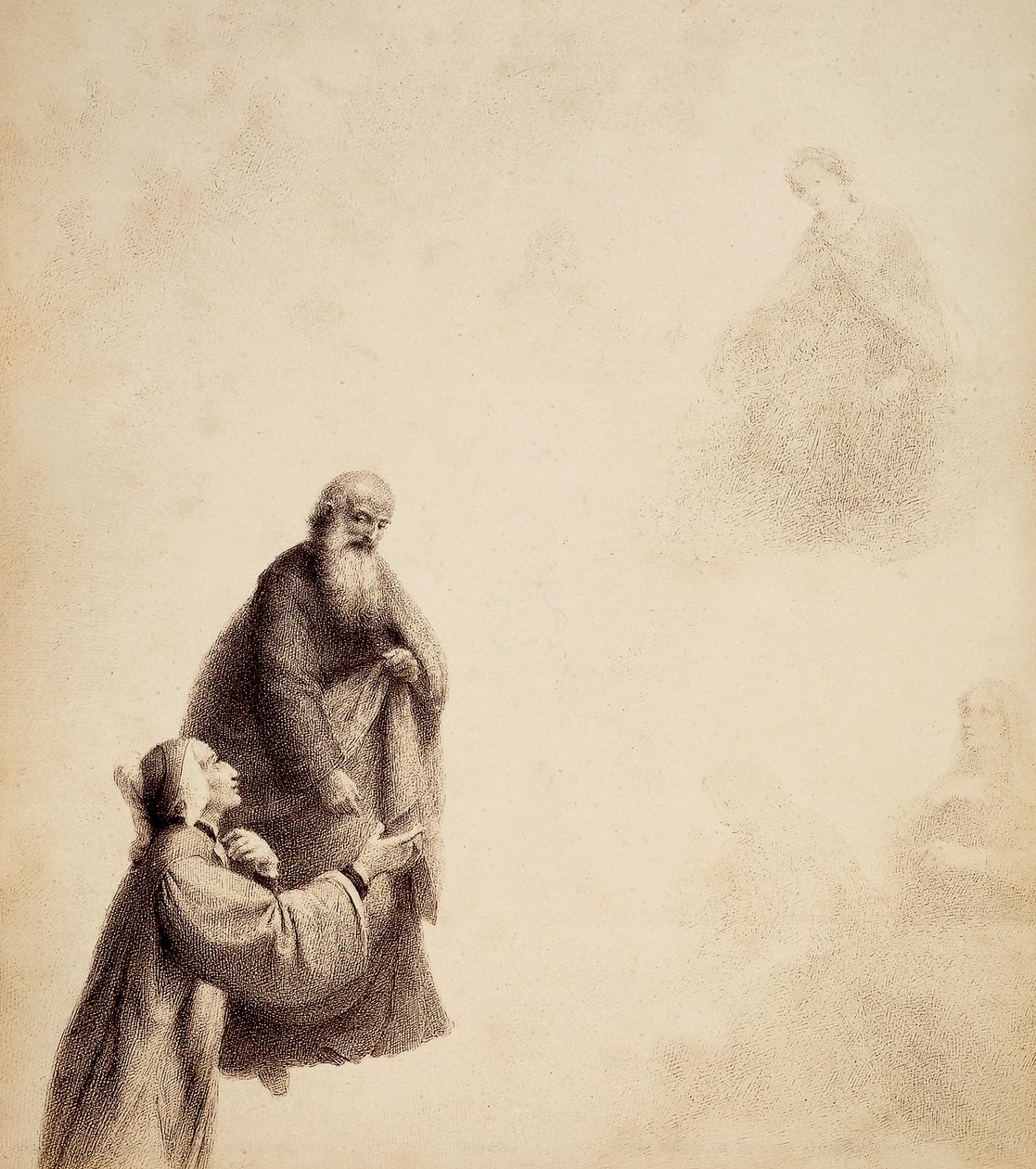 Dante, bijgestaan door St. Bernard, ziet Beatrice op een troon te midden van de gezegenden, in een lichtkring. Illustratie van Canto XXXI in Paradiso van De Goddelijke Komedie door Dante Alighieri door Unbekannter Künstler