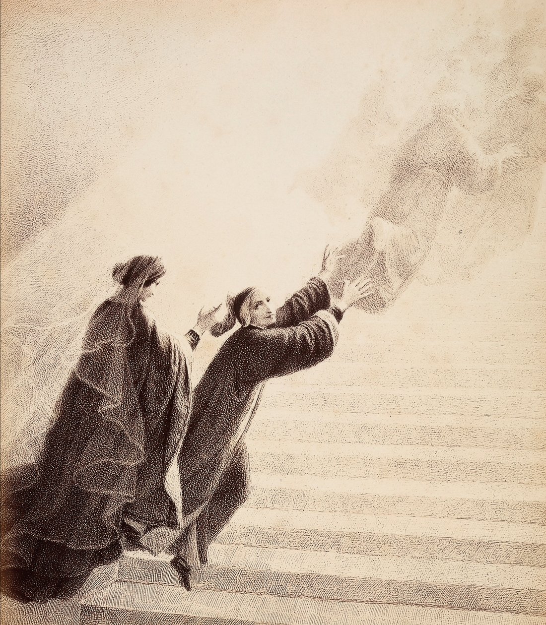 Dante, aangespoord door een eenvoudig teken van Beatrice, beklimt de gouden ladder na de gezegende geesten. Illustratie van Canto XVII in Paradiso van De Goddelijke Komedie door Dante Alighieri door Unbekannter Künstler