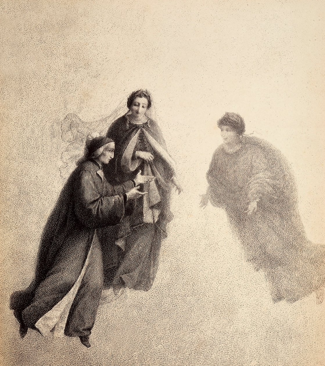 Dante, aangespoord door Beatrice, spreekt met een vrome geest. Illustratie van Canto V in Paradiso van De Goddelijke Komedie door Dante Alighieri door Unbekannter Künstler
