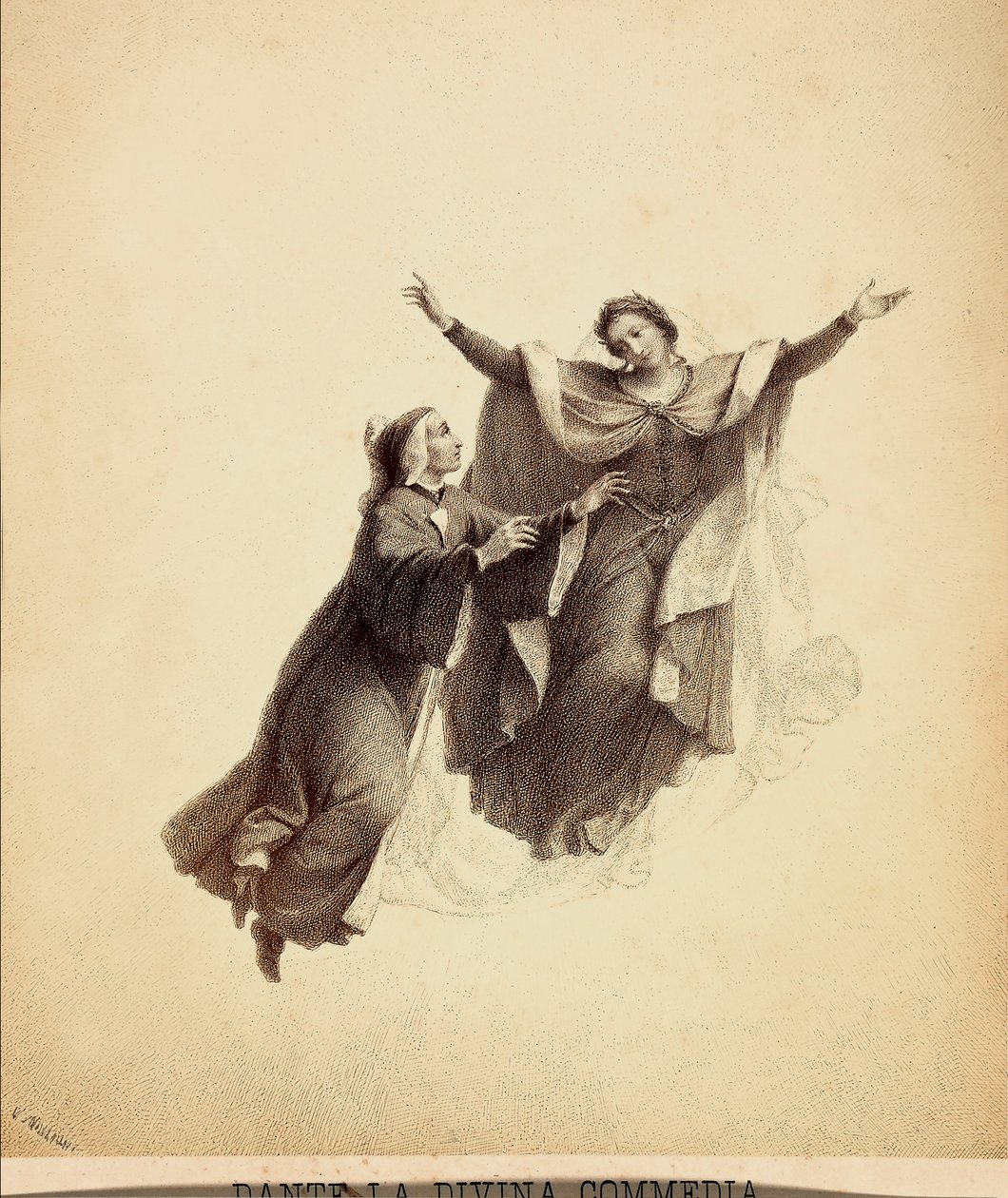Dante, met open armen, geleid in de vlucht door Beatrice door het firmament van het Paradijs. Illustratie van Canto I van Paradiso van De Goddelijke Komedie van Dante Alighieri. Werk van Francesco Scaramuzza opgedragen aan de gemeente Florence door Unbekannter Künstler