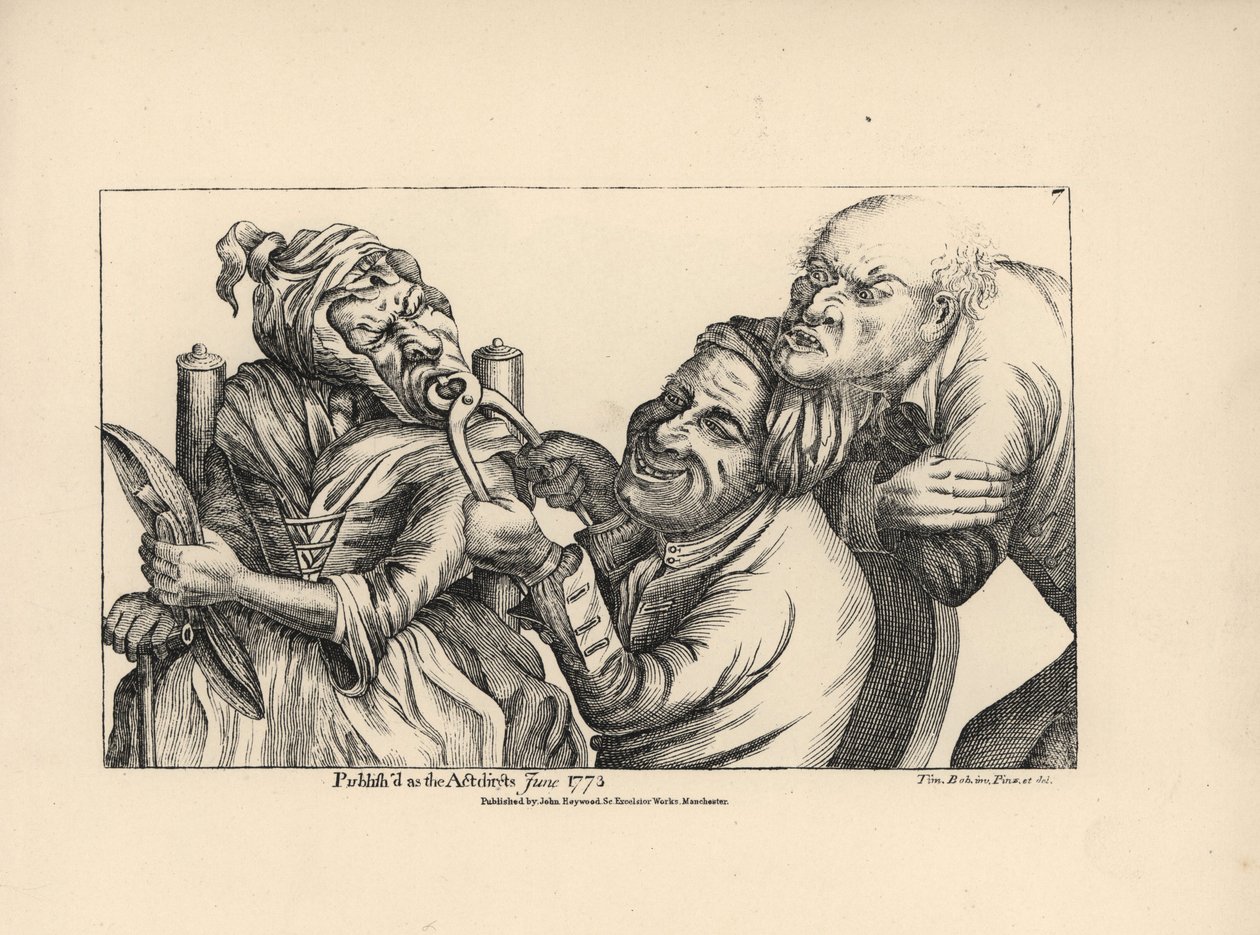 Tandarts lachend terwijl hij een slechte tand trekt met een tang uit de mond van een oude vrouw. Kopergravure naar een satirische illustratie van Timothy Bobbin (John Collier) (1708-1786) uit 