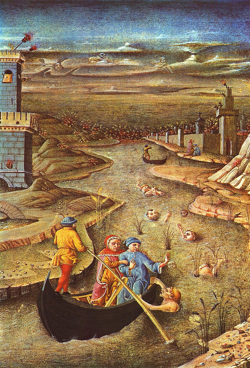 Goddelijke Komedie: Dante en Vergilius, gedragen door Charon, ontmoeten de verdoemde Filippo Argenti (miniatuur) door Unbekannter Künstler
