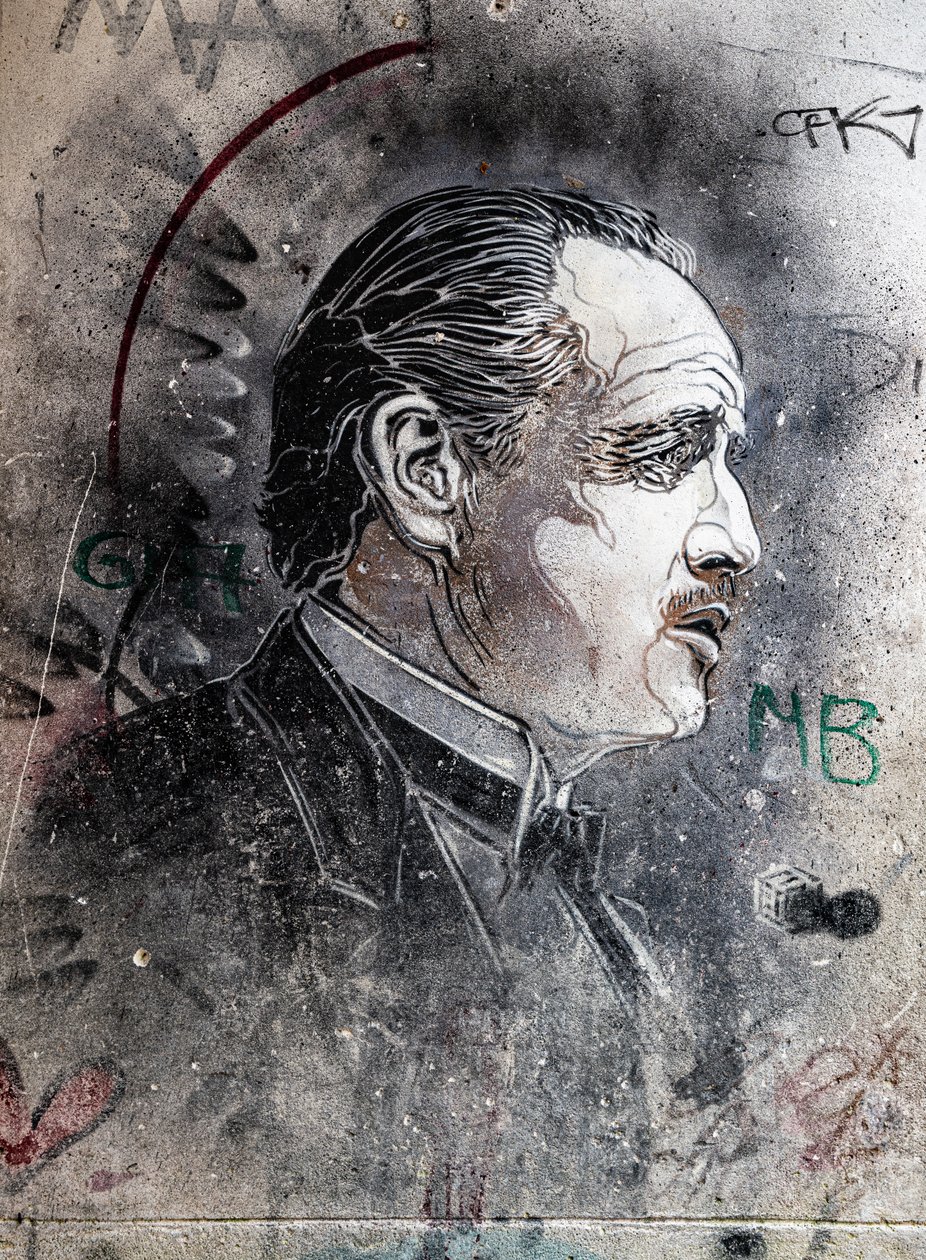 Don Corleone gespeeld door Marlon Brando door C215 Viuccaria Markt door Benjamin Baud